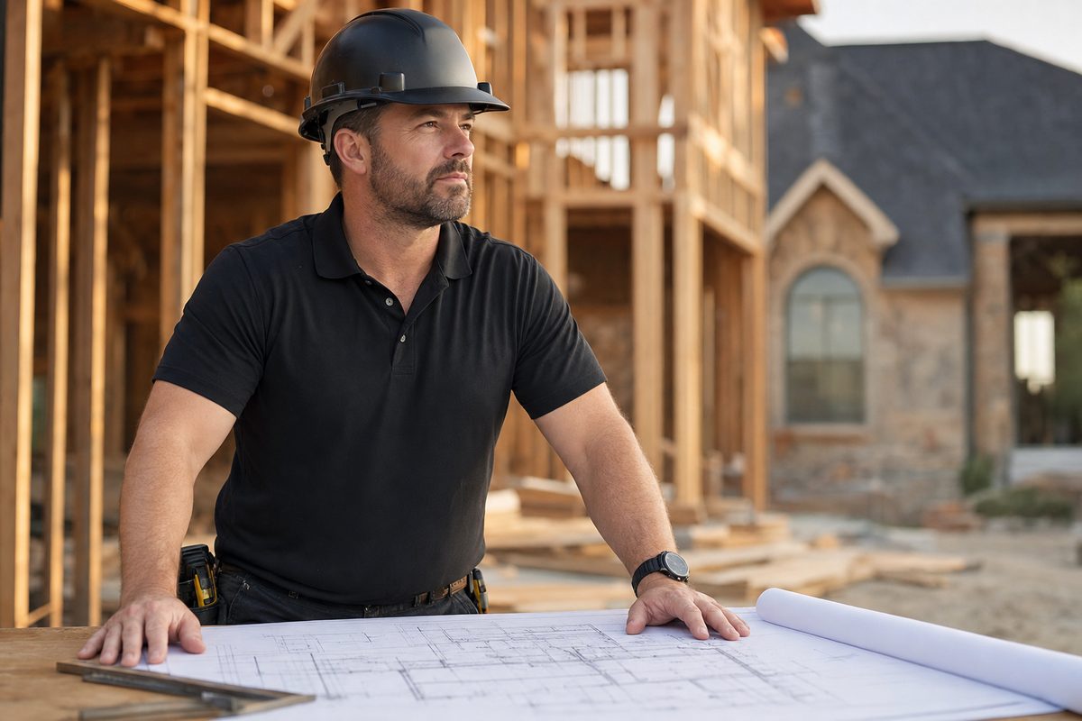 Ascend Development & Construction founder reviewing blueprints at a custom home jobsite