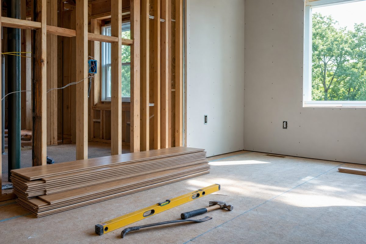Home renovation in progress with framing, drywall, and new flooring materials staged